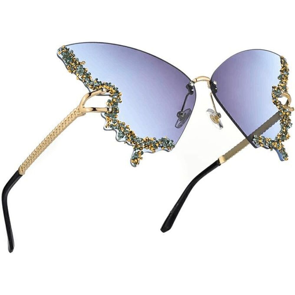 🦋✨ Rhinestone Diamond Butterfly Rimless Y2K Shades Sunglasses NEW - Picture 10 of 15